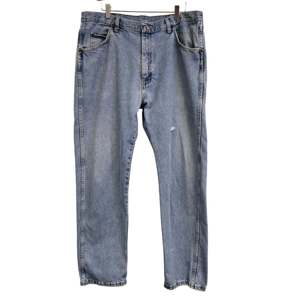 Wrangler Regular Fit Jeans Light Wash Distressed Workwear 36x32 Blue High Rise